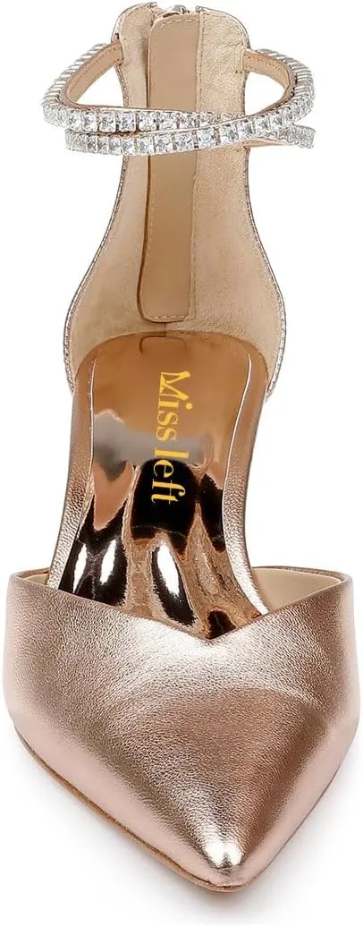 miss left Women Sparkly Rhinestone Ankle Strap Pumps Low Kitten Heel Pointed Toe D'Orsay Sandals with Zip Bridal Shoes Size 4-16 US