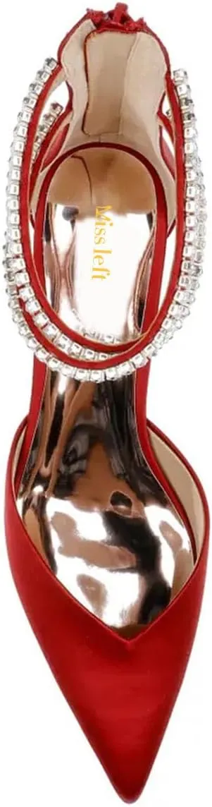 miss left Women Sparkly Rhinestone Ankle Strap Pumps Low Kitten Heel Pointed Toe D'Orsay Sandals with Zip Bridal Shoes Size 4-16 US