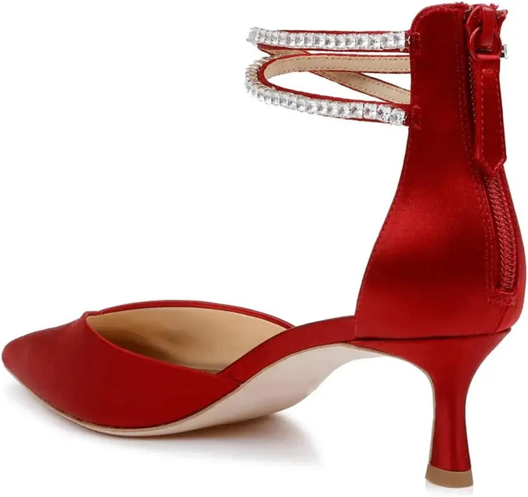 miss left Women Sparkly Rhinestone Ankle Strap Pumps Low Kitten Heel Pointed Toe D'Orsay Sandals with Zip Bridal Shoes Size 4-16 US