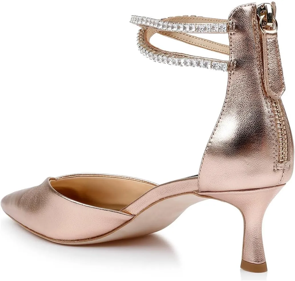 miss left Women Sparkly Rhinestone Ankle Strap Pumps Low Kitten Heel Pointed Toe D'Orsay Sandals with Zip Bridal Shoes Size 4-16 US