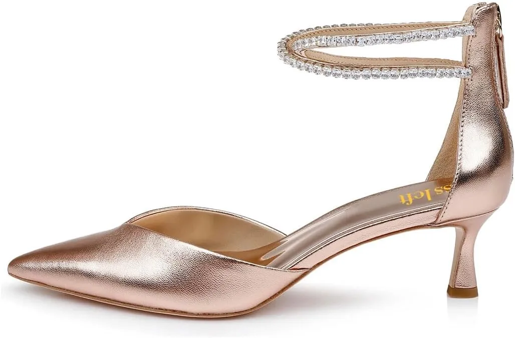 miss left Women Sparkly Rhinestone Ankle Strap Pumps Low Kitten Heel Pointed Toe D'Orsay Sandals with Zip Bridal Shoes Size 4-16 US