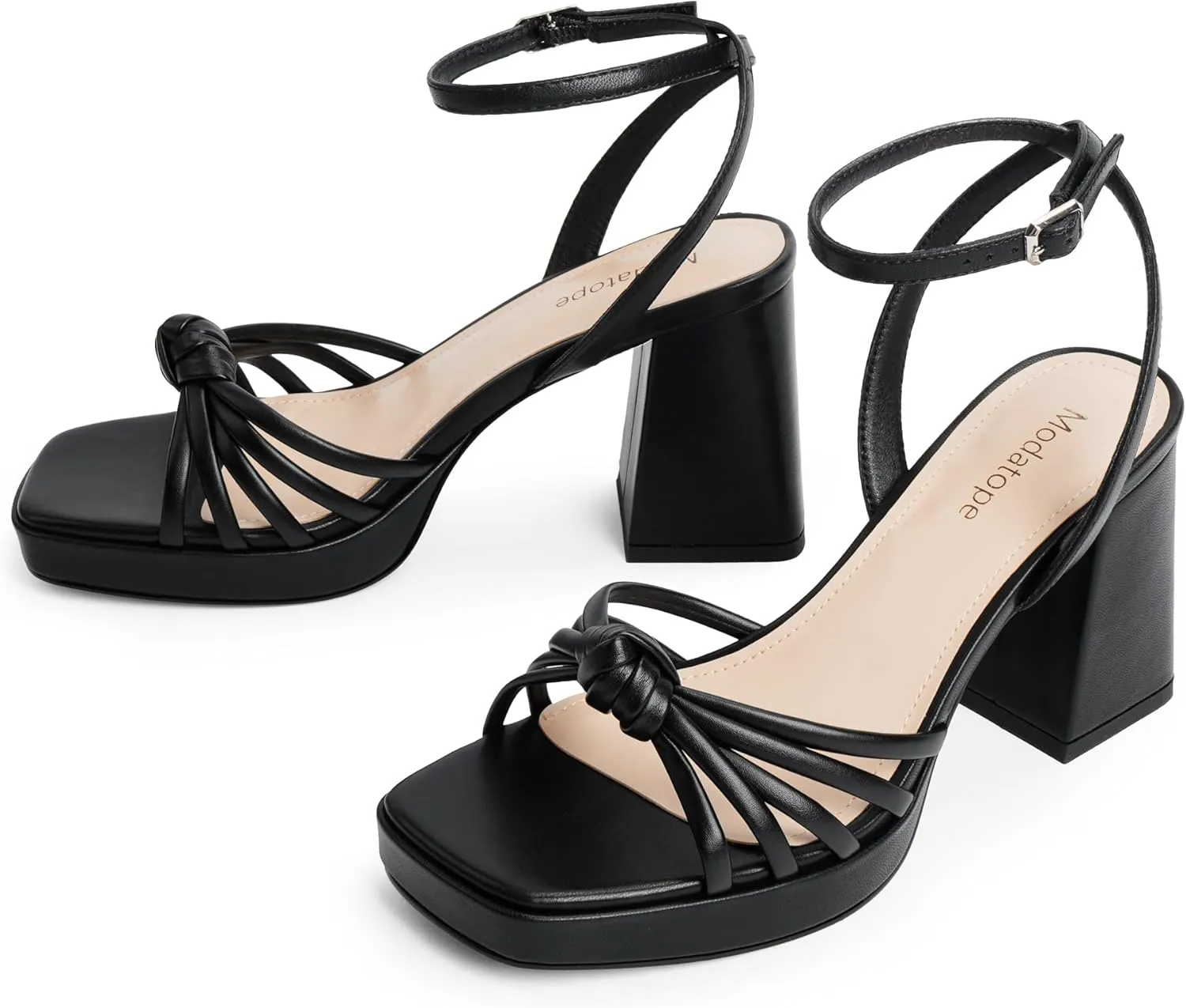 Modatope Platform Bow Sandals for Women Chunky Heel Strappy Platform Heels Square Open Toe Heeled Sandals Ankle Strap Block Heel Sanadals