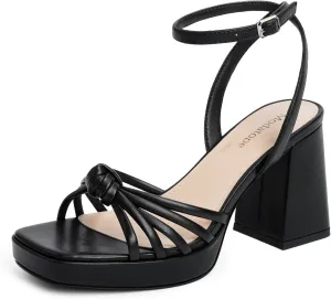 Modatope Platform Bow Sandals for Women Chunky Heel Strappy Platform Heels Square Open Toe Heeled Sandals Ankle Strap Block Heel Sanadals