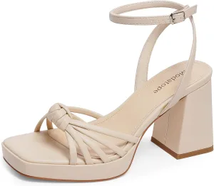 Modatope Platform Bow Sandals for Women Chunky Heel Strappy Platform Heels Square Open Toe Heeled Sandals Ankle Strap Block Heel Sanadals