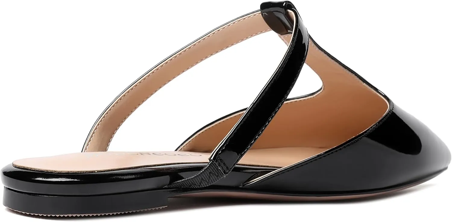 MODENCOCO Women's Casual Office T Strap Pointed Toe Slip On Patent Low Heel Backless Mules Shoes Flats