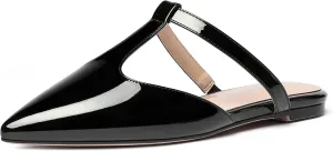 MODENCOCO Women's Casual Office T Strap Pointed Toe Slip On Patent Low Heel Backless Mules Shoes Flats