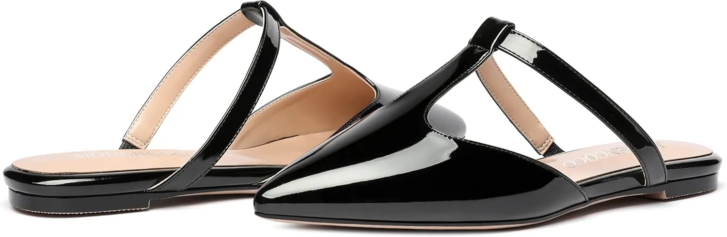 MODENCOCO Women's Casual Office T Strap Pointed Toe Slip On Patent Low Heel Backless Mules Shoes Flats