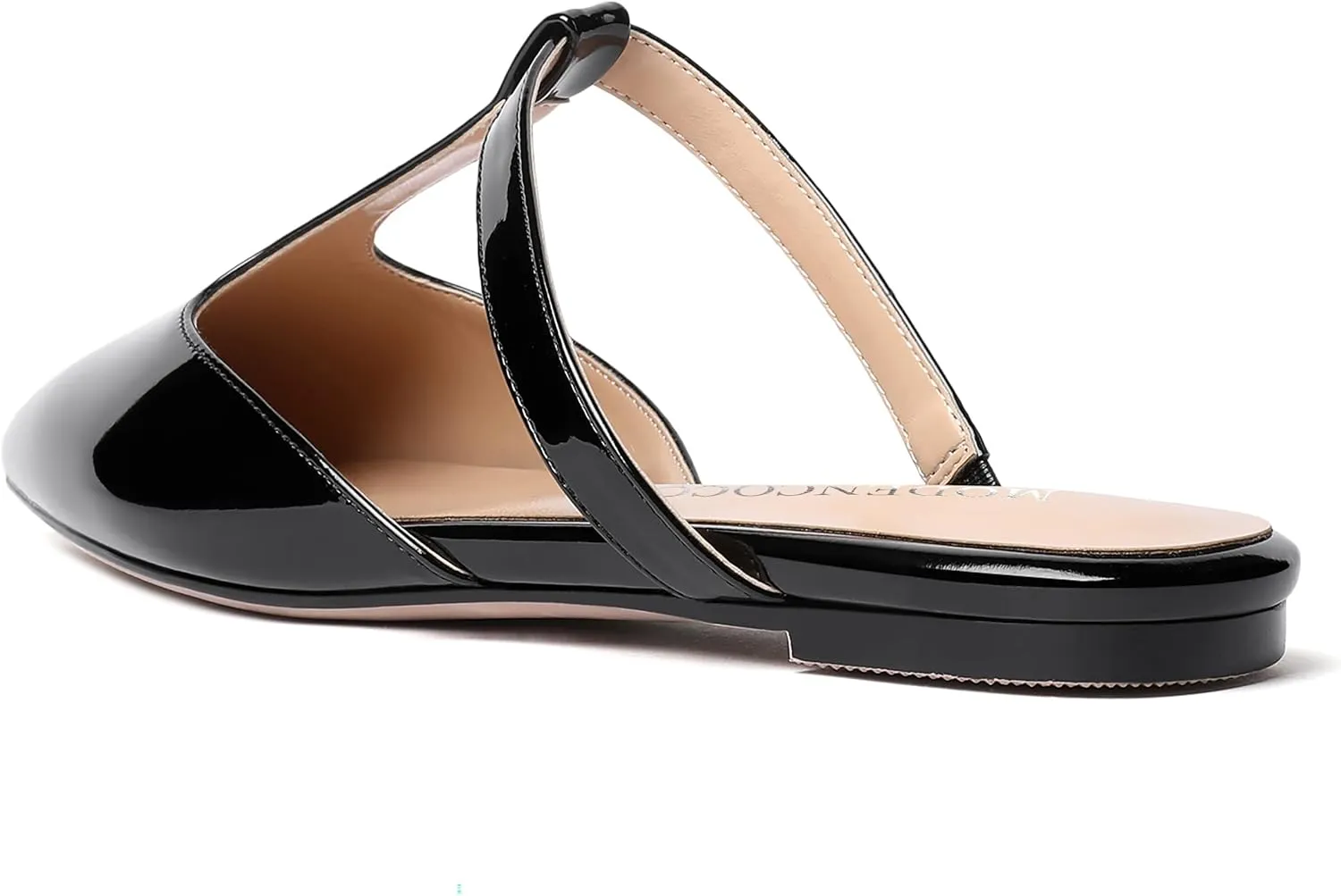 MODENCOCO Women's Casual Office T Strap Pointed Toe Slip On Patent Low Heel Backless Mules Shoes Flats
