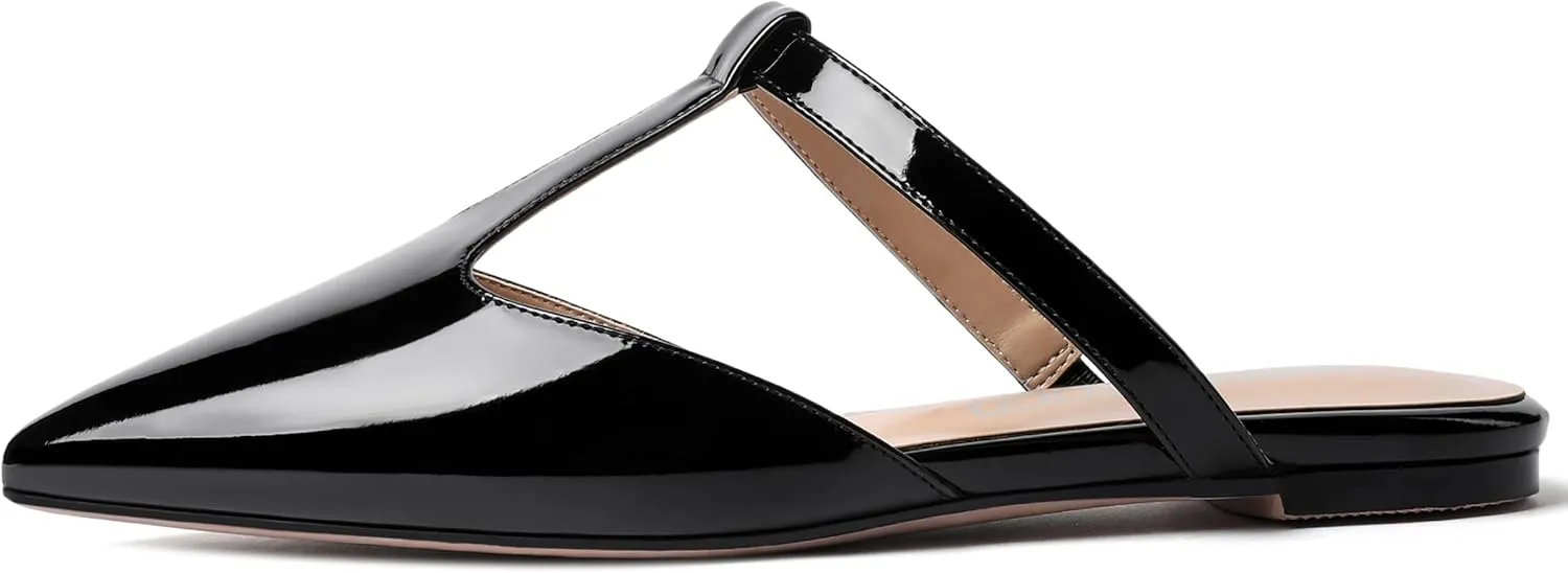 MODENCOCO Women's Casual Office T Strap Pointed Toe Slip On Patent Low Heel Backless Mules Shoes Flats