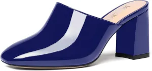 MODENCOCO Womens Fashion Slip On Casual Patent Dating Square Toe Block High Heel High Heeled Mules Shoes 3 Inch