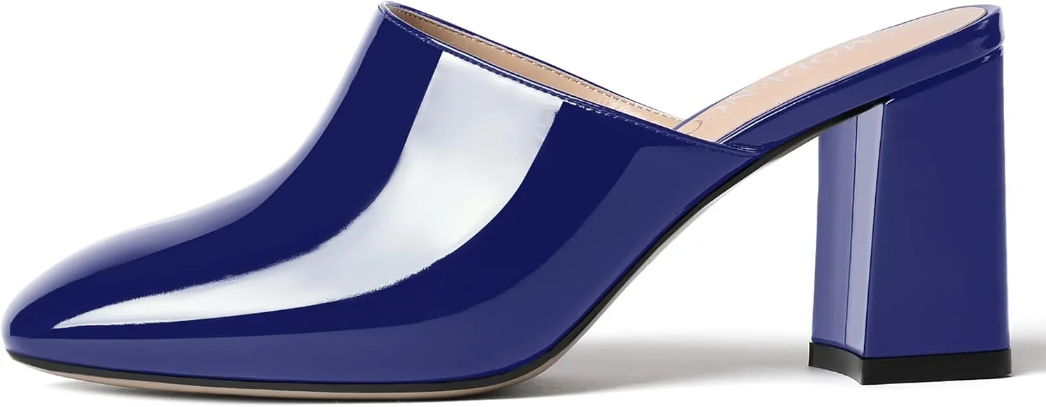 MODENCOCO Womens Fashion Slip On Casual Patent Dating Square Toe Block High Heel High Heeled Mules Shoes 3 Inch