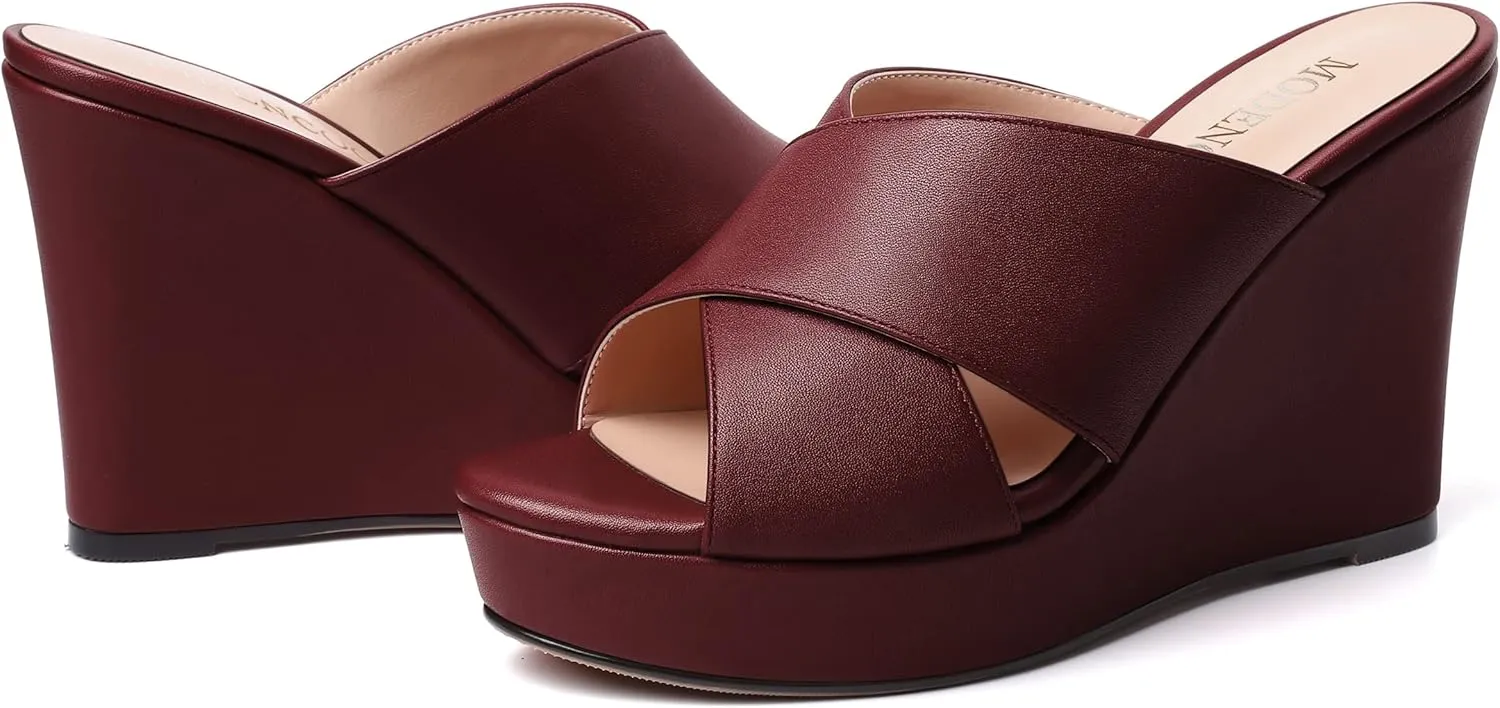 MODENCOCO Womens Open Toe Fashion Matte Slip On Platform Casual Wedge High Heel Heeled Dressy Sandals 4 Inch