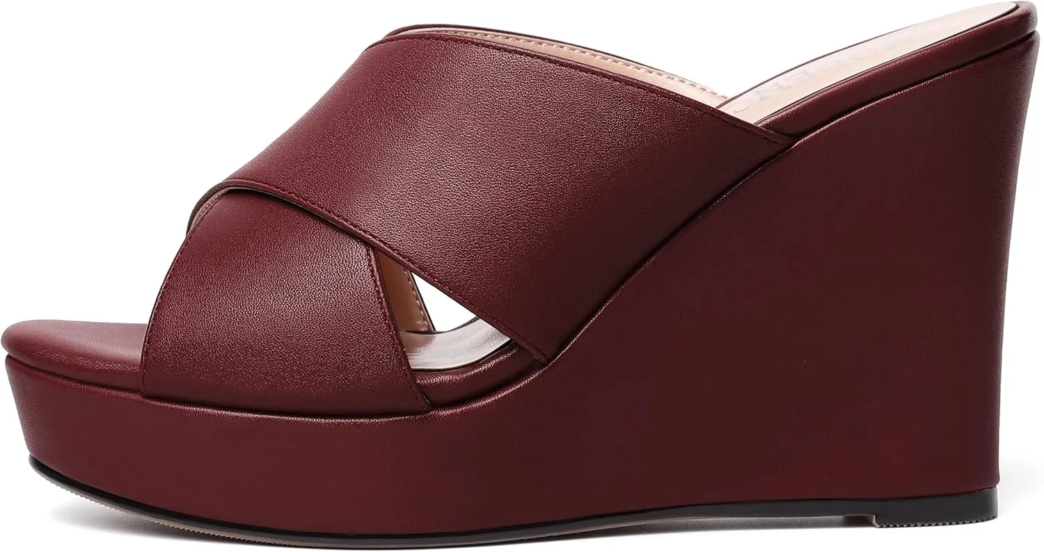 MODENCOCO Womens Open Toe Fashion Matte Slip On Platform Casual Wedge High Heel Heeled Dressy Sandals 4 Inch