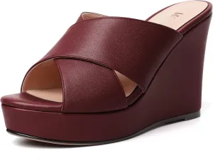 MODENCOCO Womens Open Toe Fashion Matte Slip On Platform Casual Wedge High Heel Heeled Dressy Sandals 4 Inch