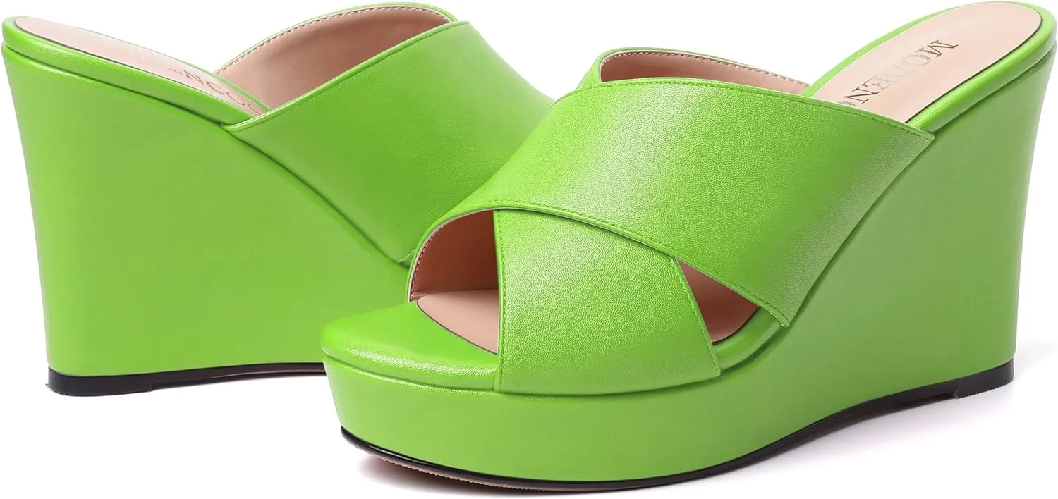 MODENCOCO Womens Open Toe Fashion Matte Slip On Platform Casual Wedge High Heel Heeled Dressy Sandals 4 Inch