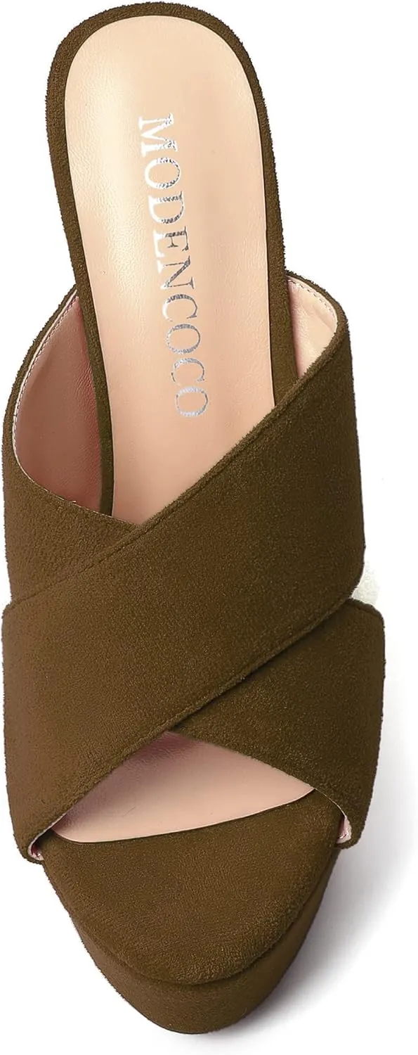 MODENCOCO Womens Platform Sexy Slip On Casual Open Toe Slide Suede Wedge High Heel Heeled Sandals 6 Inch