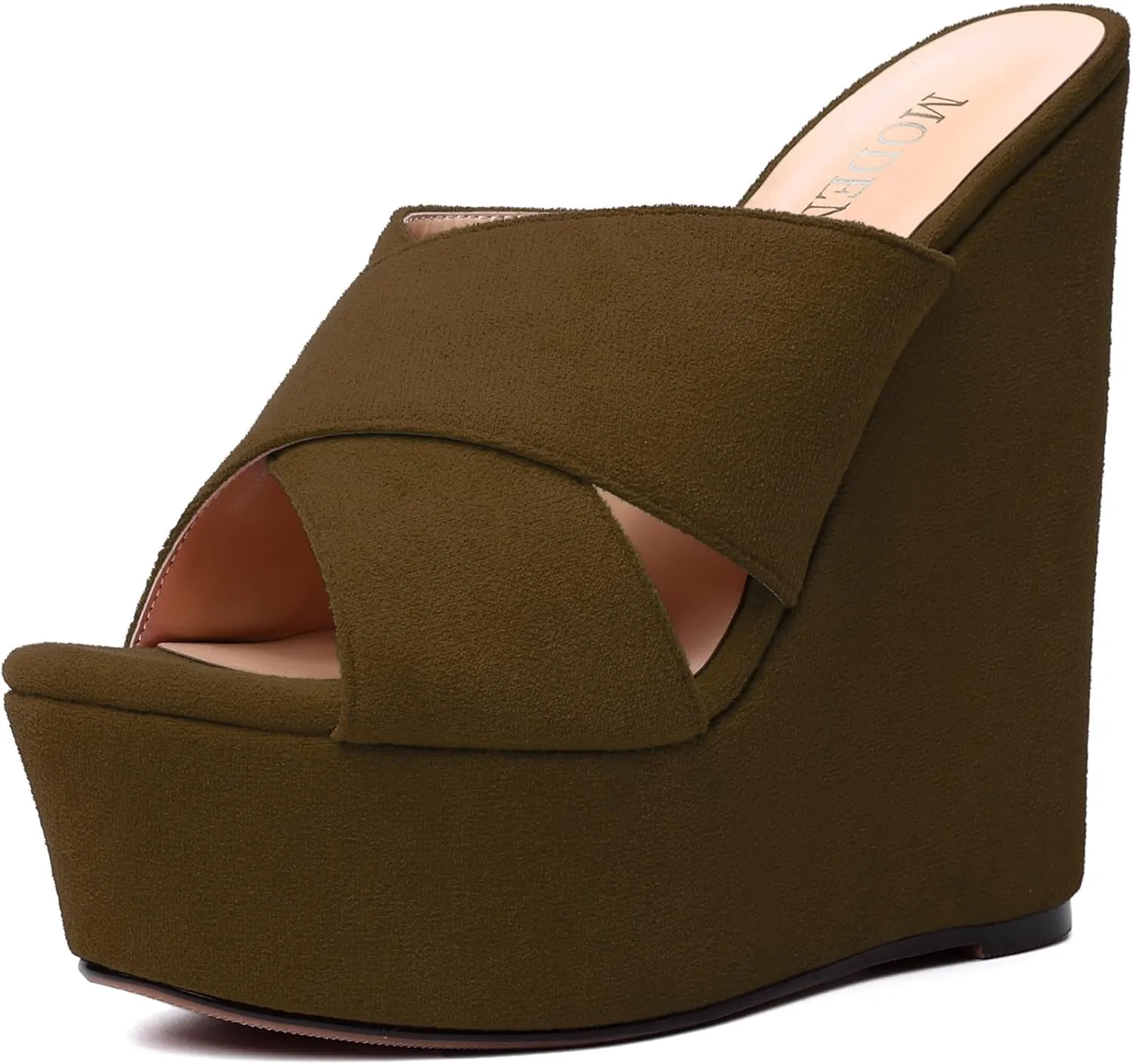 MODENCOCO Womens Platform Sexy Slip On Casual Open Toe Slide Suede Wedge High Heel Heeled Sandals 6 Inch