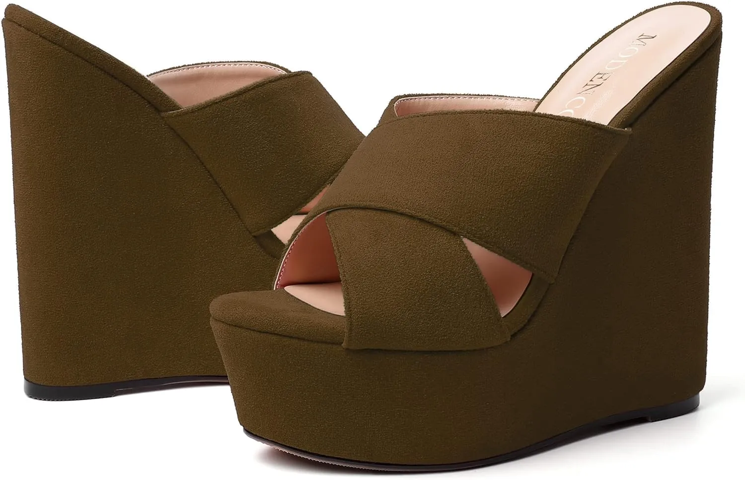 MODENCOCO Womens Platform Sexy Slip On Casual Open Toe Slide Suede Wedge High Heel Heeled Sandals 6 Inch