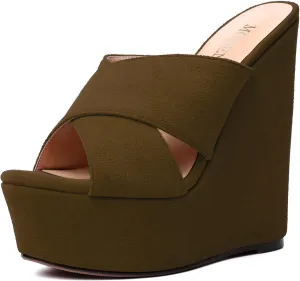 MODENCOCO Womens Platform Sexy Slip On Casual Open Toe Slide Suede Wedge High Heel Heeled Sandals 6 Inch
