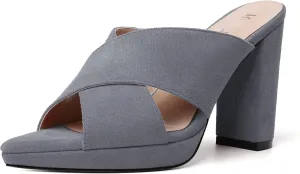 MODENCOCO Womens Sexy Evening Open Toe Slip On Platform Slide Suede Block High Heel Heeled Sandals 4 Inch