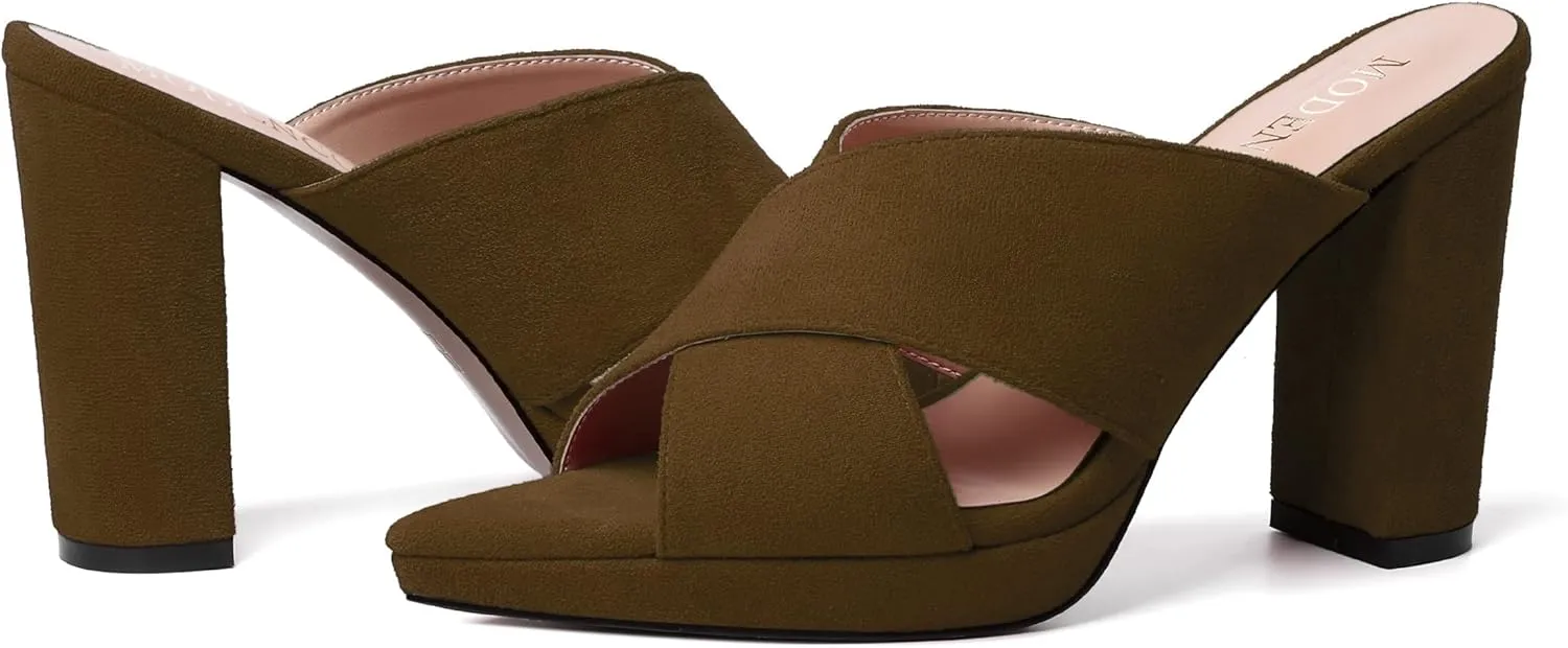 MODENCOCO Womens Sexy Evening Open Toe Slip On Platform Slide Suede Block High Heel Heeled Sandals 4 Inch