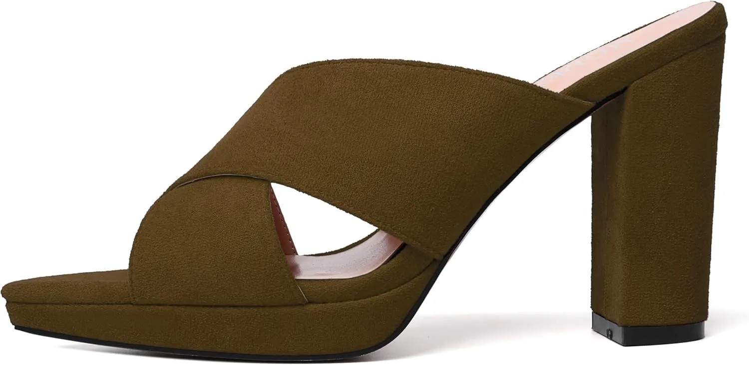 MODENCOCO Womens Sexy Evening Open Toe Slip On Platform Slide Suede Block High Heel Heeled Sandals 4 Inch