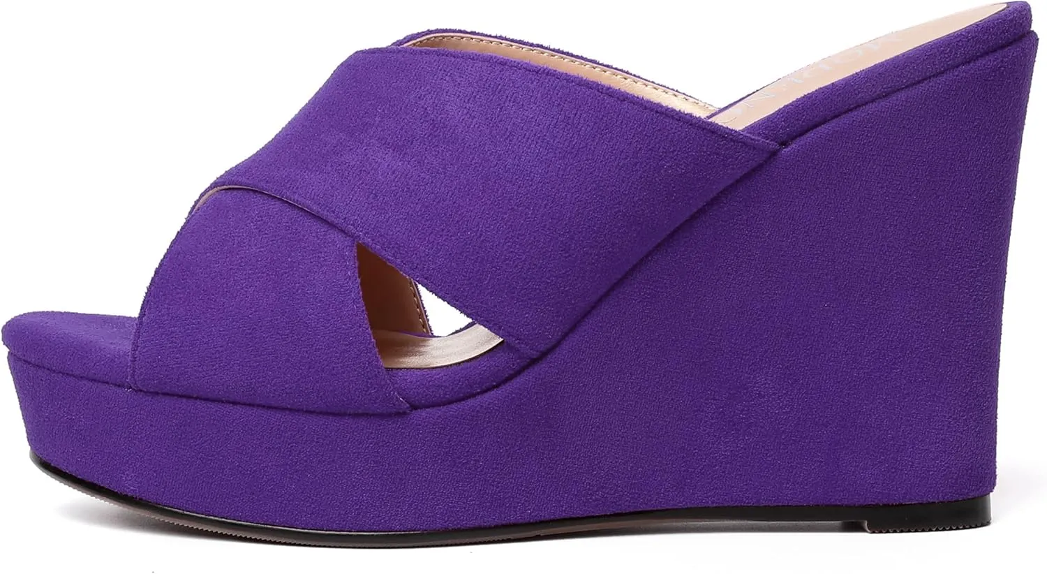 MODENCOCO Womens Suede Platform Slip On Open Toe Dressy Sexy Party Wedge High Heel Heeled Sandals 4 Inch