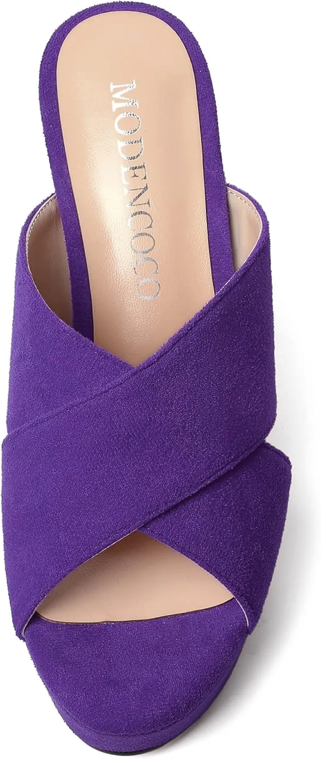 MODENCOCO Womens Suede Platform Slip On Open Toe Dressy Sexy Party Wedge High Heel Heeled Sandals 4 Inch