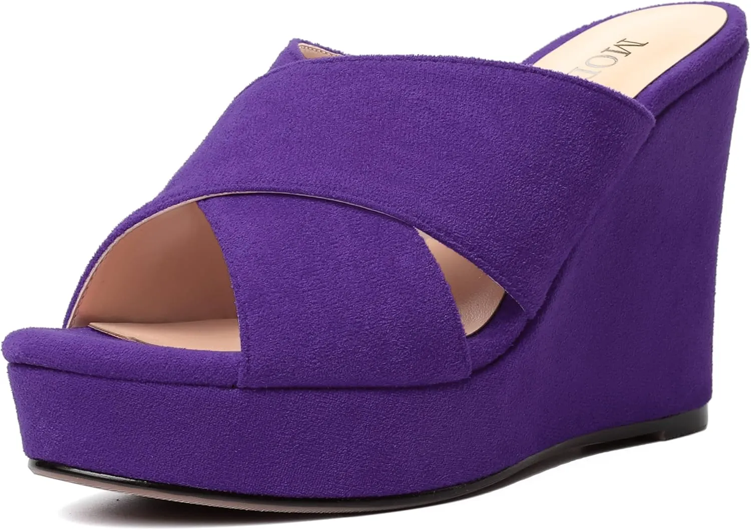 MODENCOCO Womens Suede Platform Slip On Open Toe Dressy Sexy Party Wedge High Heel Heeled Sandals 4 Inch
