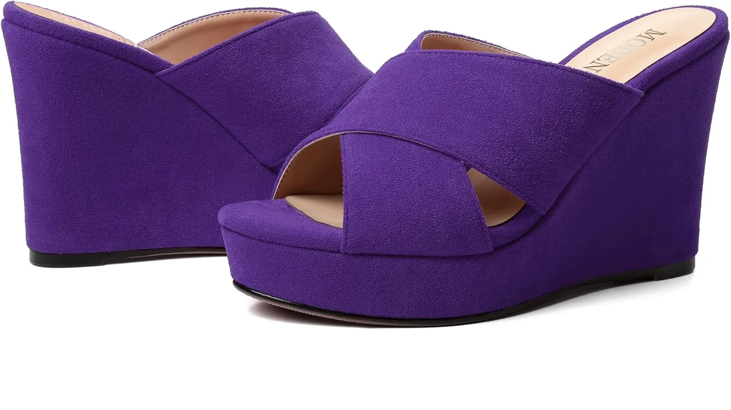 MODENCOCO Womens Suede Platform Slip On Open Toe Dressy Sexy Party Wedge High Heel Heeled Sandals 4 Inch
