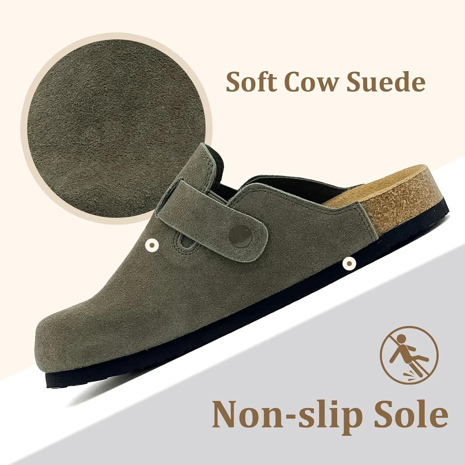 MOLATIN Clogs for Women Comfort Mens Mules and Slip ons Potato Shoes Leather Mules with Suede Cork Footbed Sandals