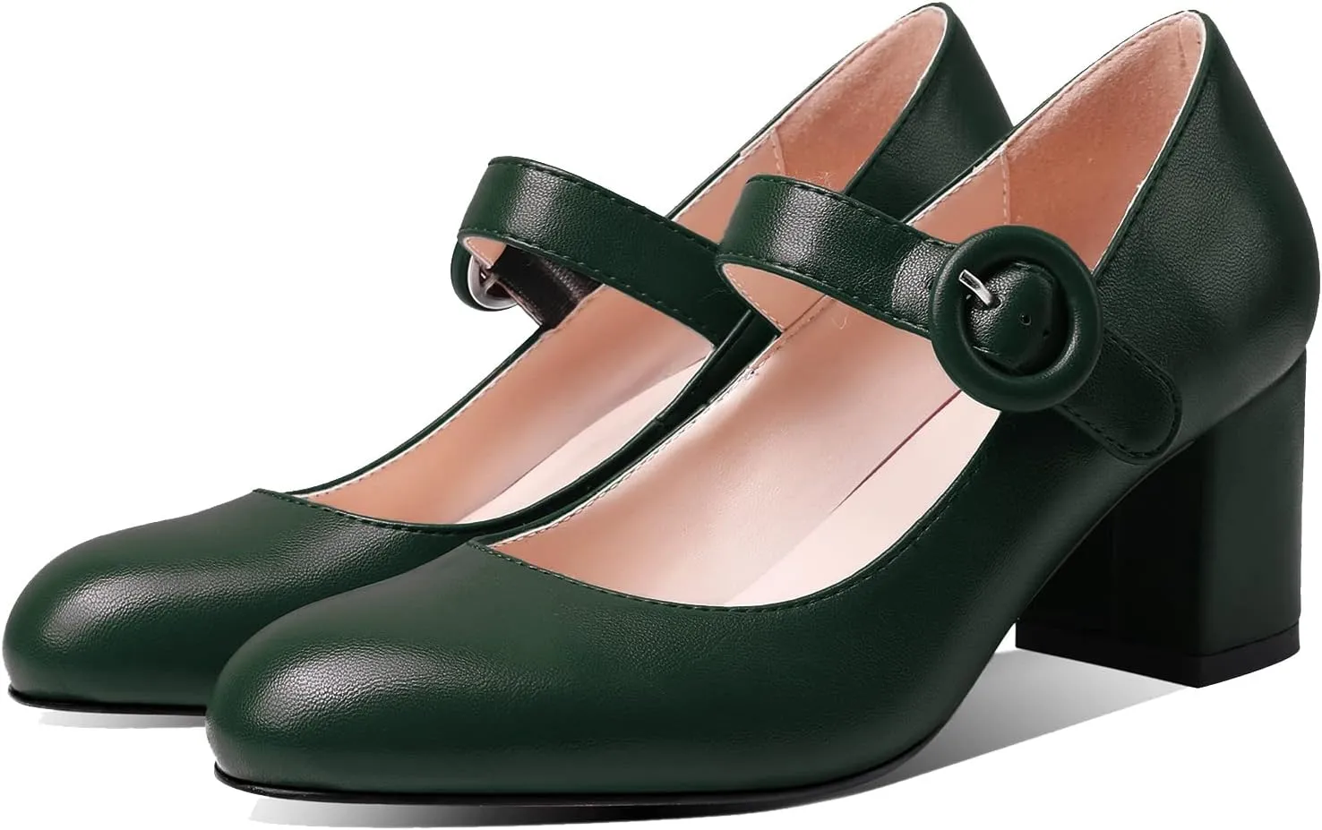 MOOMMO Women Classic Mary Jane Heels Pumps Shoes Ankle Strap Closed Round Toe Dress Sandals Chunky Block Heels Comfort Wedding Party Evening Pump Mid Heel Basic Office Work Shoes Elegant 4-11 M US