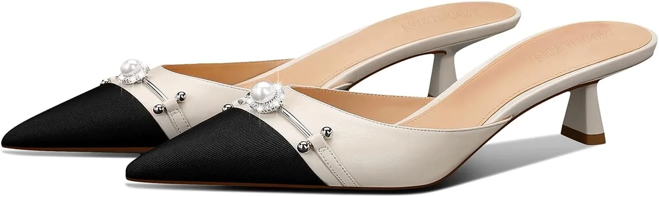 MSONLYDN Women's Pointed Toe Pearl Mules Kitten Heels Pumps,1.7In Slip-on Backless Dress Sandals