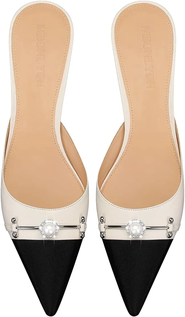 MSONLYDN Women's Pointed Toe Pearl Mules Kitten Heels Pumps,1.7In Slip-on Backless Dress Sandals