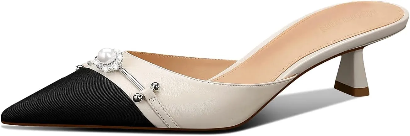MSONLYDN Women's Pointed Toe Pearl Mules Kitten Heels Pumps,1.7In Slip-on Backless Dress Sandals