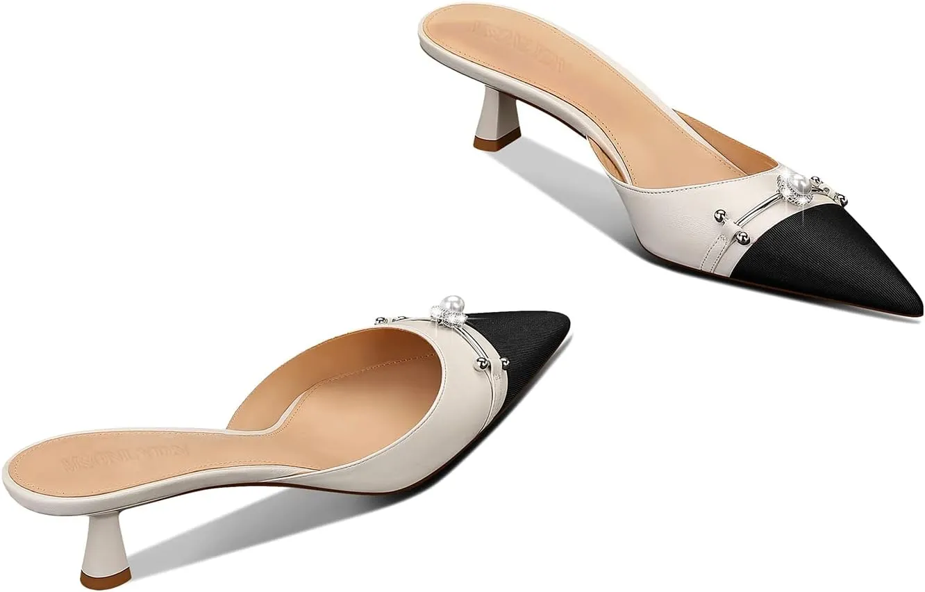 MSONLYDN Women's Pointed Toe Pearl Mules Kitten Heels Pumps,1.7In Slip-on Backless Dress Sandals