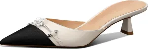 MSONLYDN Women's Pointed Toe Pearl Mules Kitten Heels Pumps,1.7In Slip-on Backless Dress Sandals