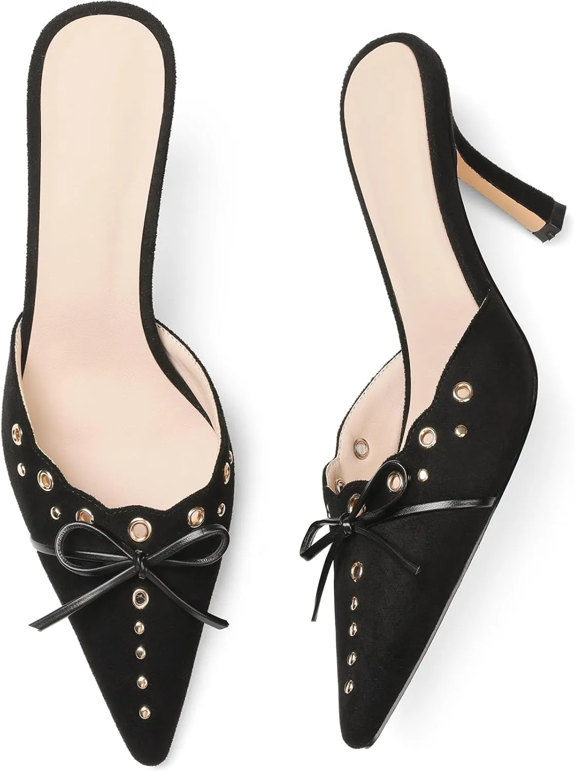 Mules for Women Black Kitten Heels Suede Closed Pointed Toe Kitten Pumps Slip On Bow Shoes Dress Sandals