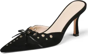 Mules for Women Black Kitten Heels Suede Closed Pointed Toe Kitten Pumps Slip On Bow Shoes Dress Sandals