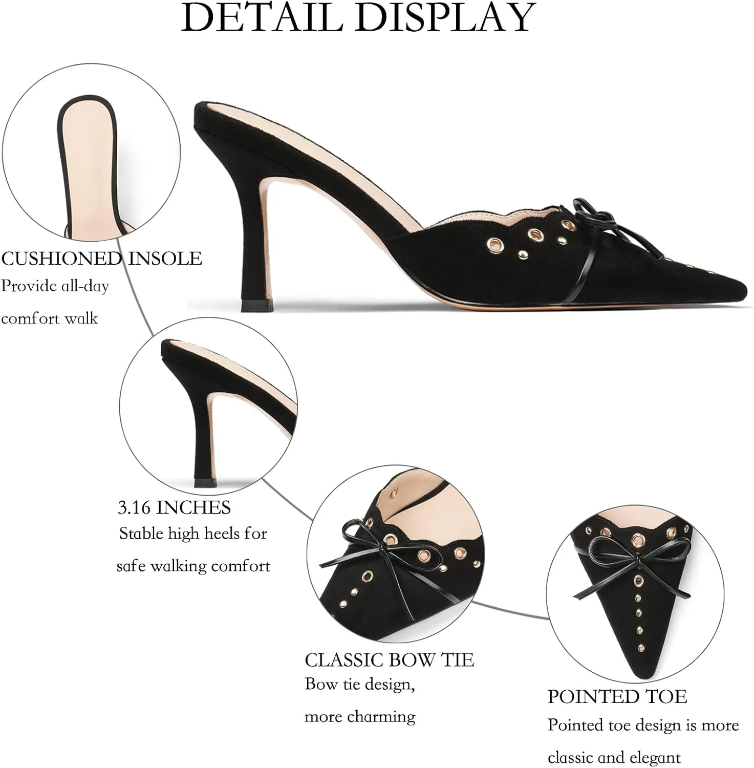 Mules for Women Black Kitten Heels Suede Closed Pointed Toe Kitten Pumps Slip On Bow Shoes Dress Sandals