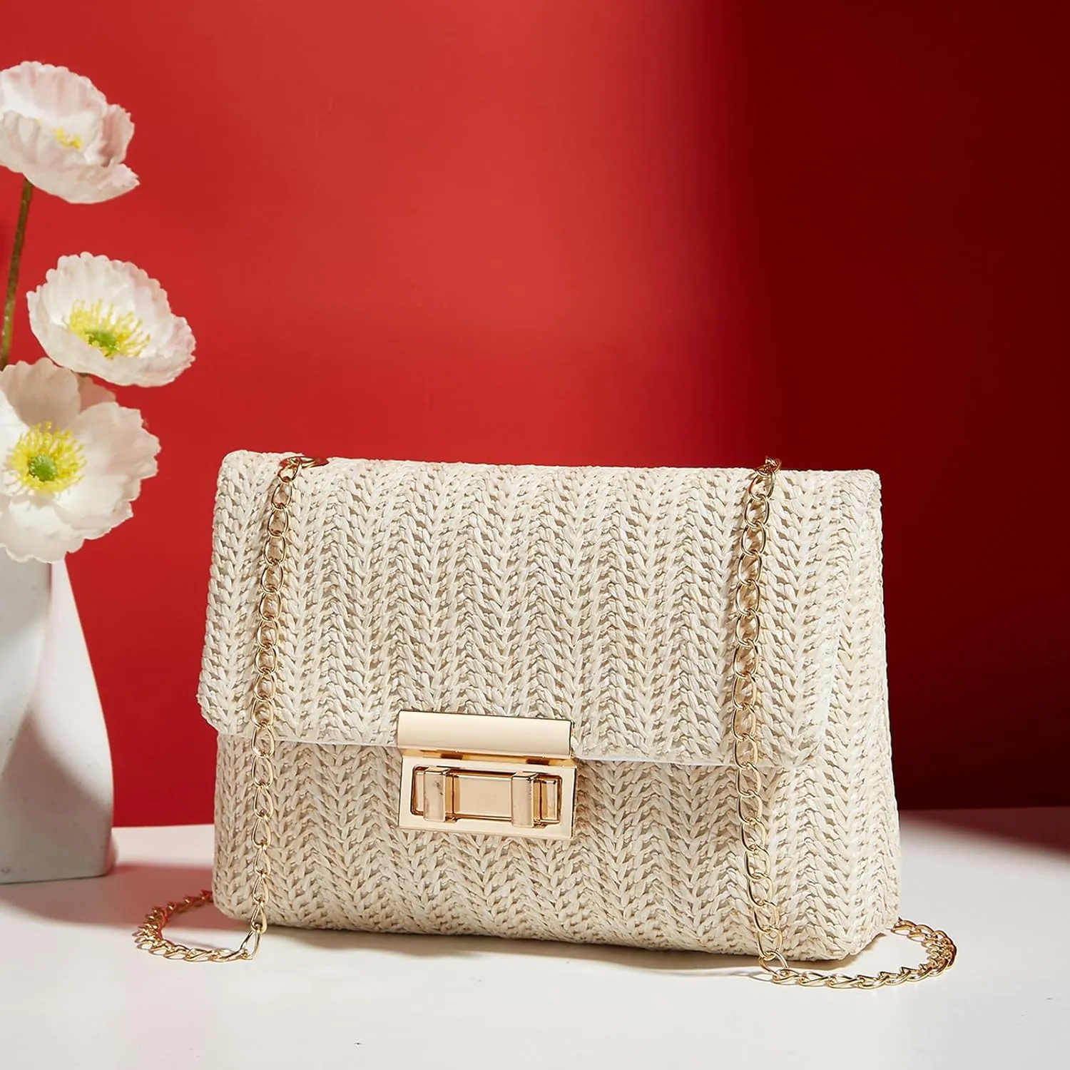 Natural Straw Flat Clutch Women 2024 Boho Purse Top Handle Crossbody Handbag Stylish Woven Envelope Wallet Evening