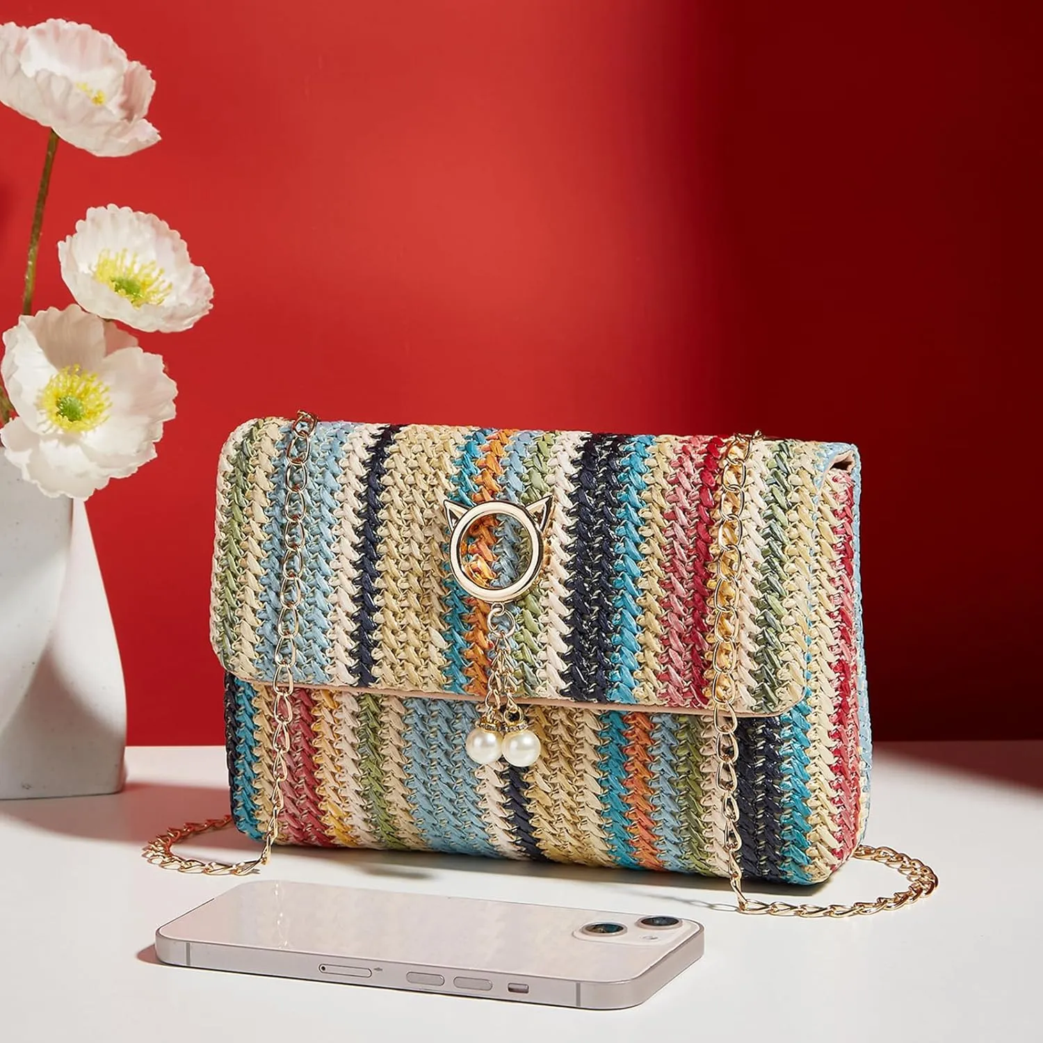 Natural Straw Flat Clutch Women 2024 Boho Purse Top Handle Crossbody Handbag Stylish Woven Envelope Wallet Evening