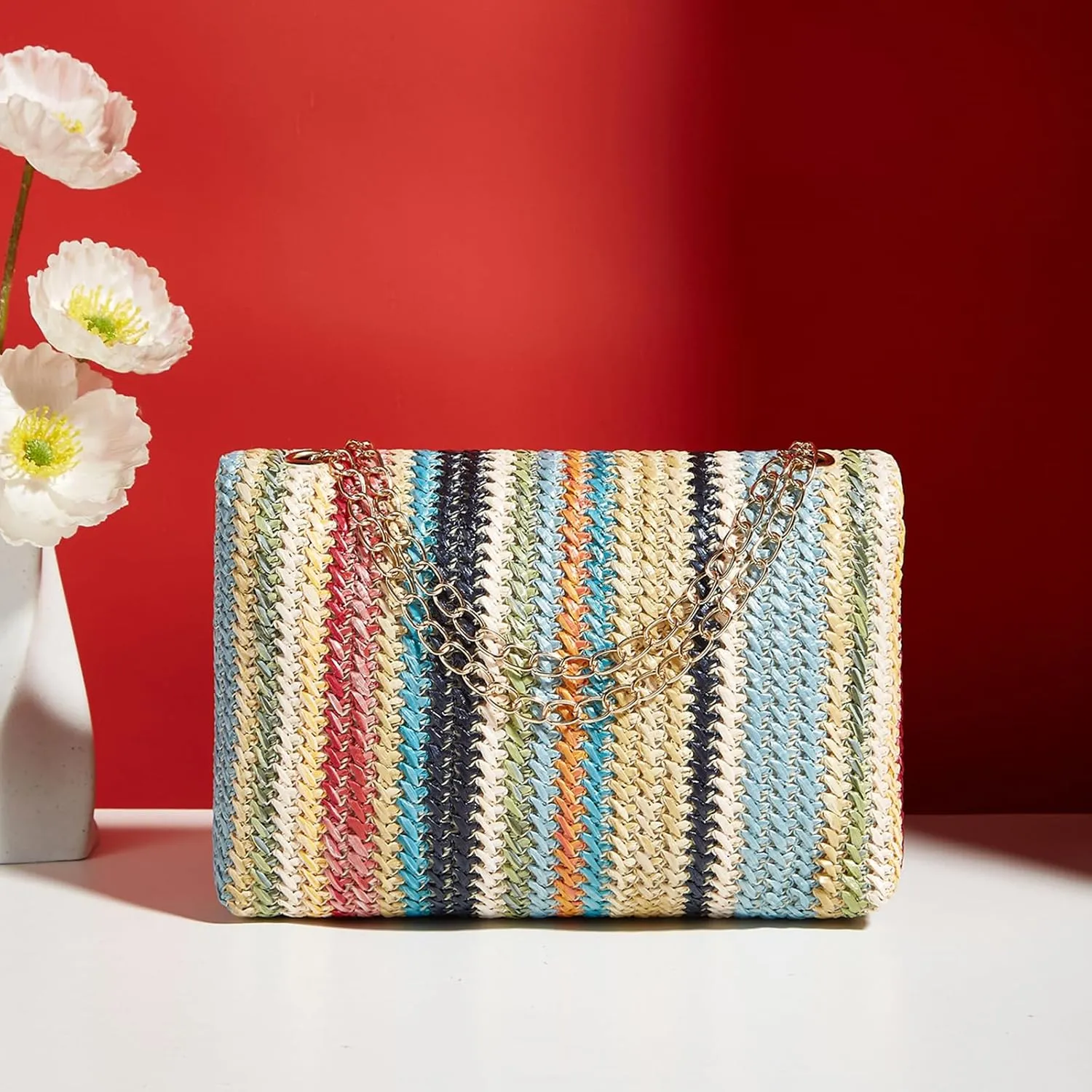Natural Straw Flat Clutch Women 2024 Boho Purse Top Handle Crossbody Handbag Stylish Woven Envelope Wallet Evening