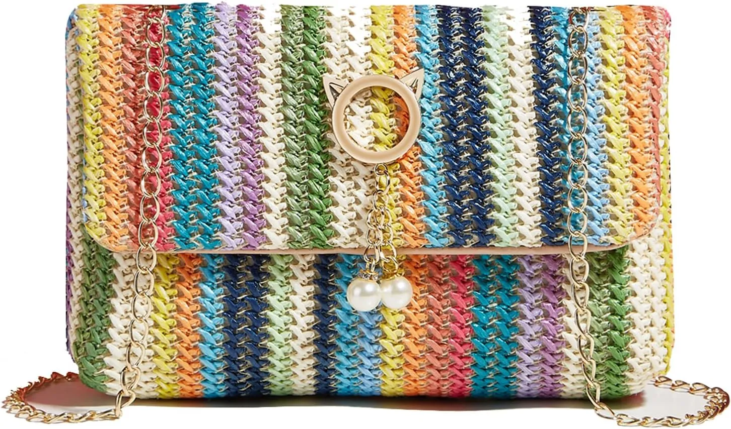 Natural Straw Flat Clutch Women 2024 Boho Purse Top Handle Crossbody Handbag Stylish Woven Envelope Wallet Evening
