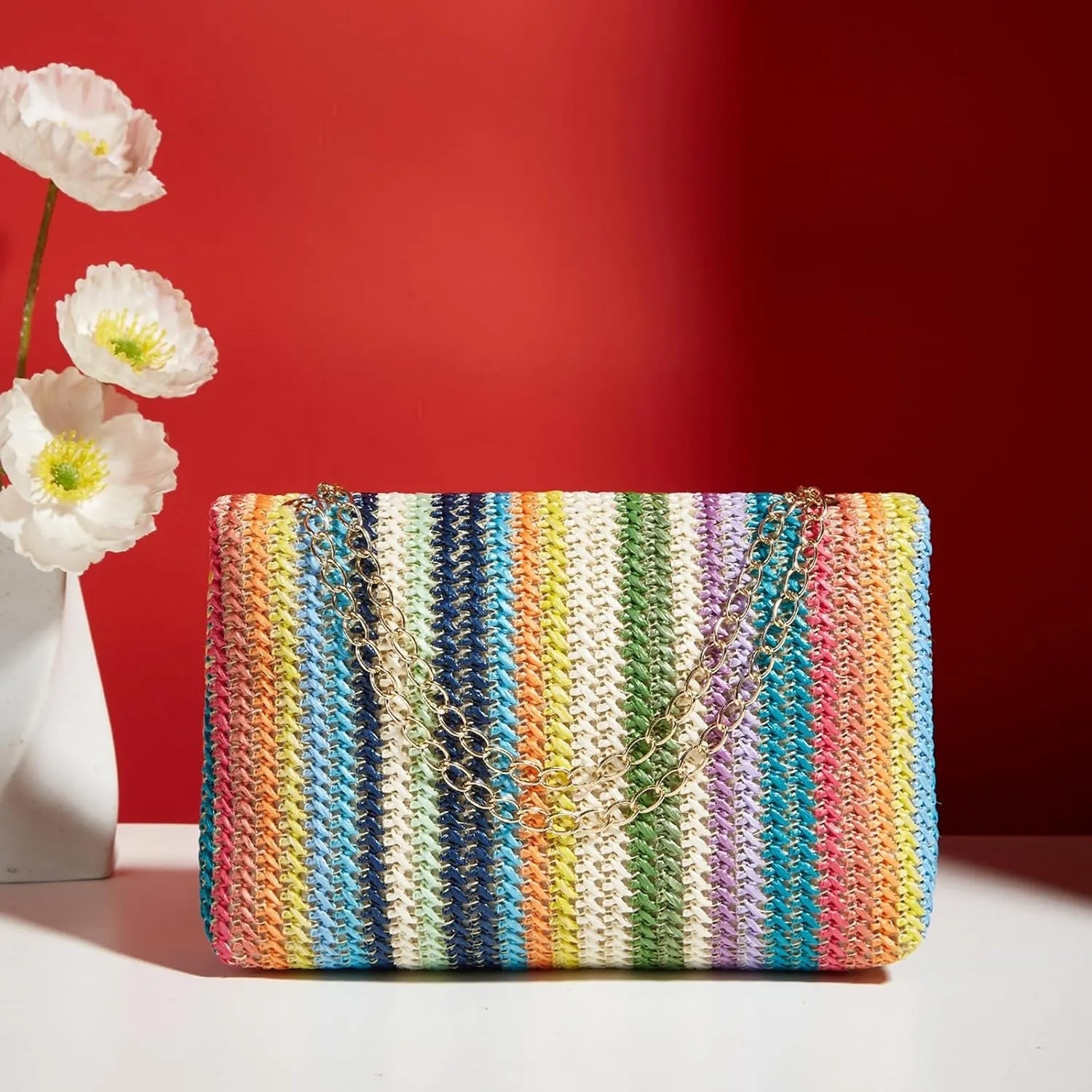 Natural Straw Flat Clutch Women 2024 Boho Purse Top Handle Crossbody Handbag Stylish Woven Envelope Wallet Evening