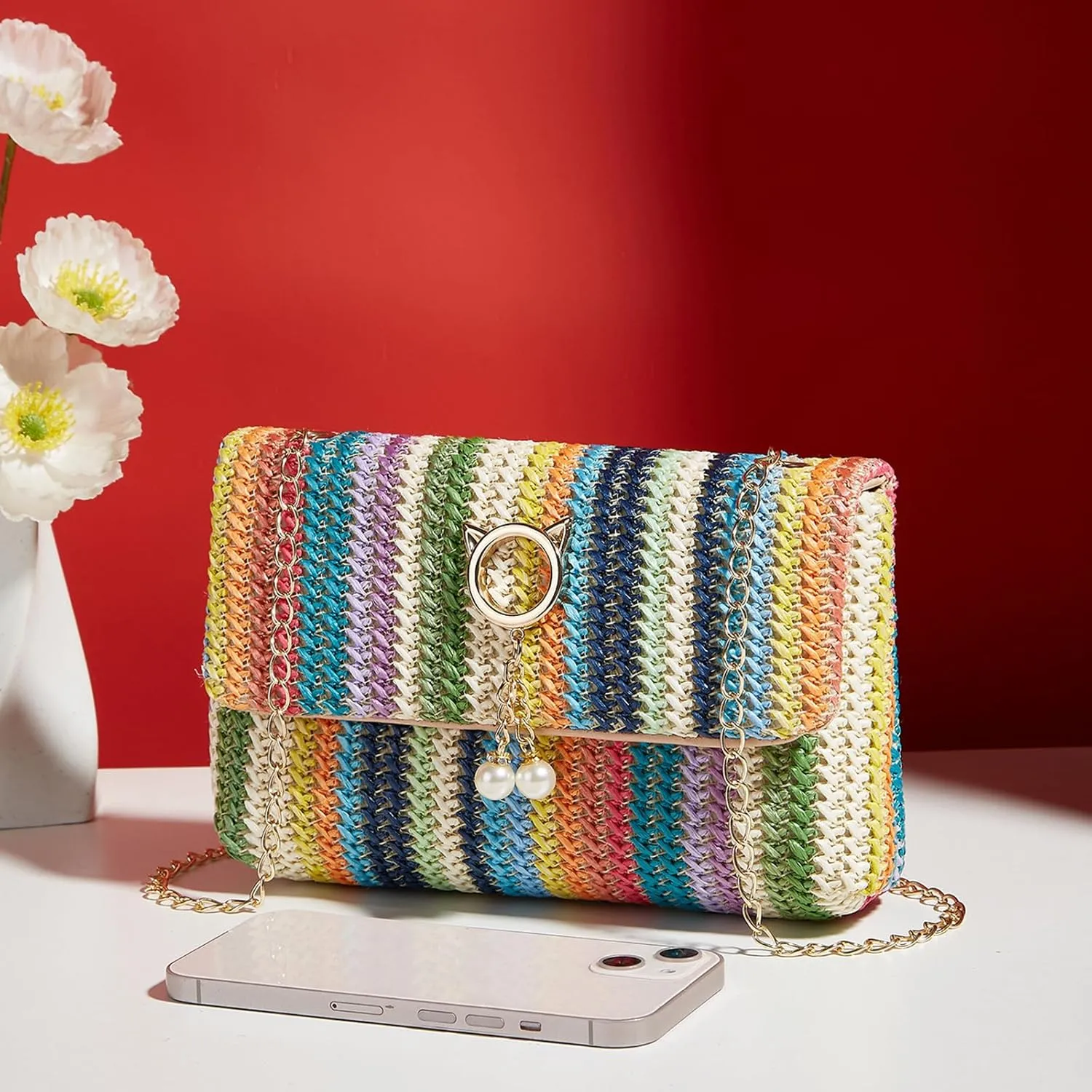 Natural Straw Flat Clutch Women 2024 Boho Purse Top Handle Crossbody Handbag Stylish Woven Envelope Wallet Evening
