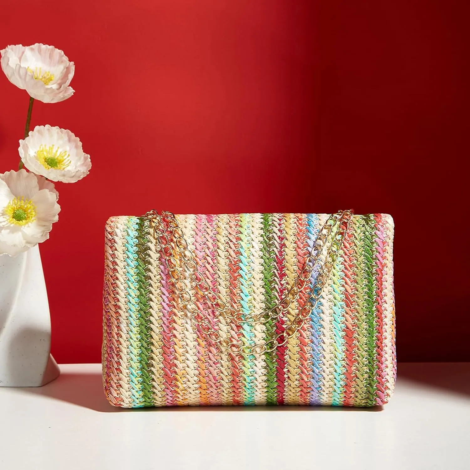 Natural Straw Flat Clutch Women 2024 Boho Purse Top Handle Crossbody Handbag Stylish Woven Envelope Wallet Evening