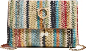 Natural Straw Flat Clutch Women 2024 Boho Purse Top Handle Crossbody Handbag Stylish Woven Envelope Wallet Evening