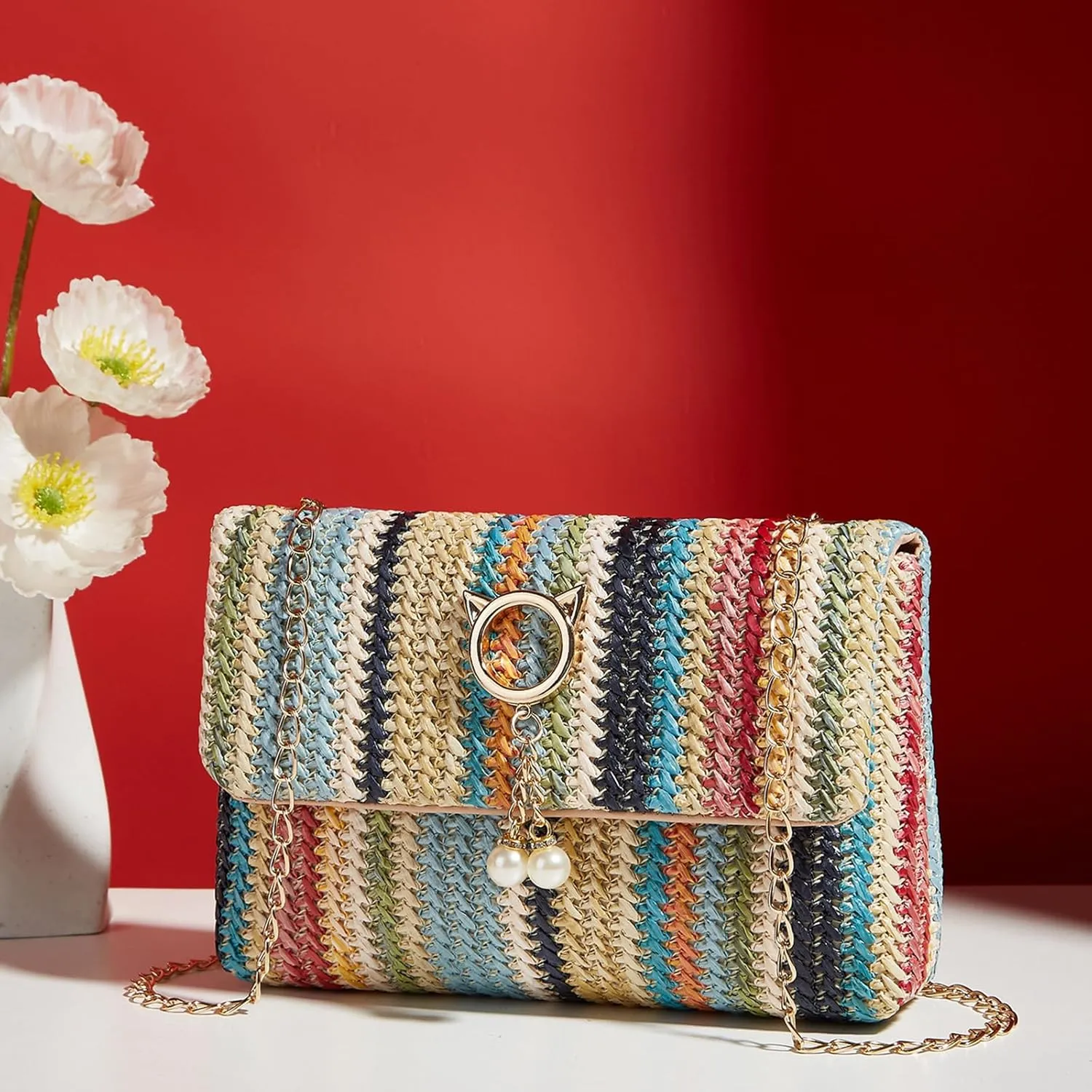Natural Straw Flat Clutch Women 2024 Boho Purse Top Handle Crossbody Handbag Stylish Woven Envelope Wallet Evening