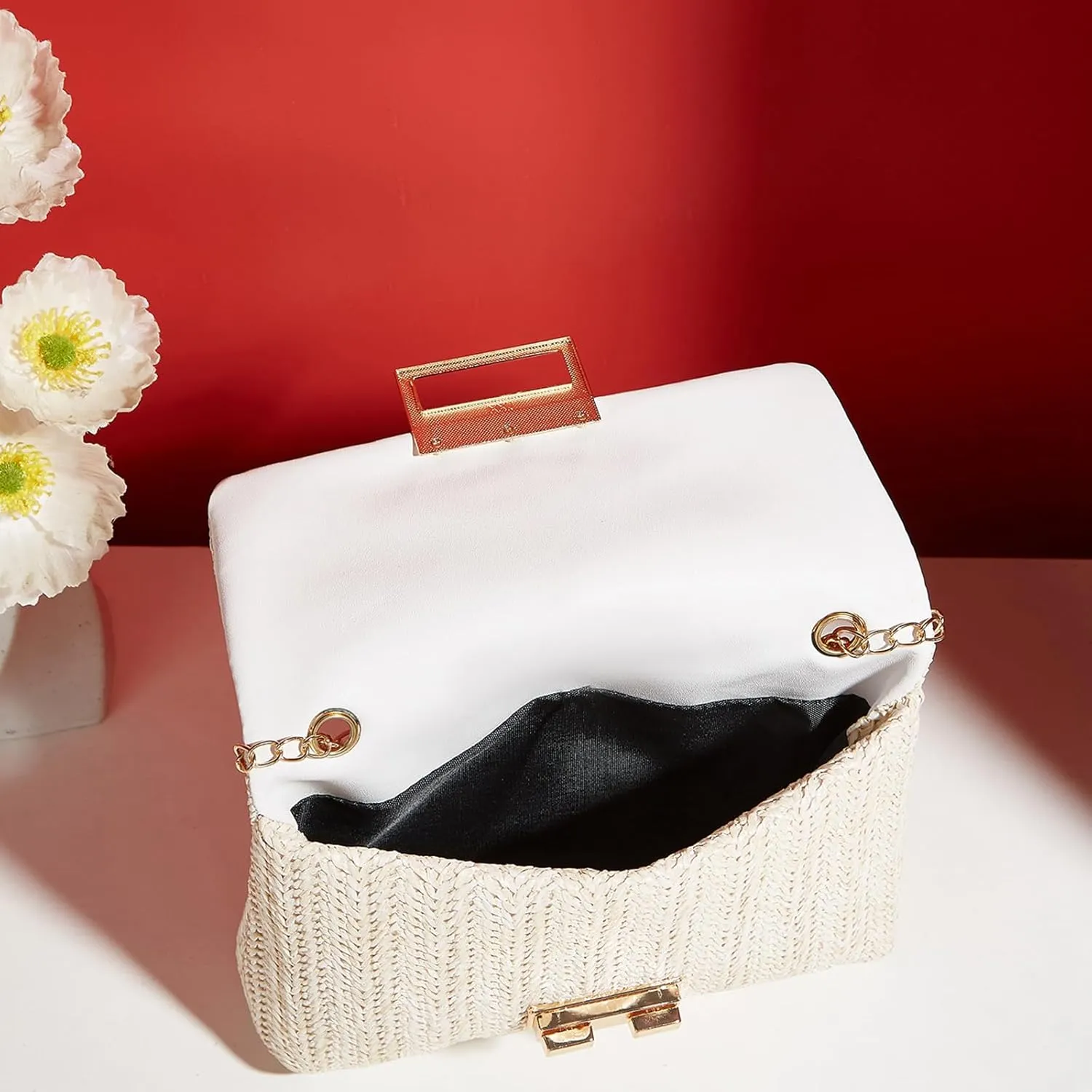 Natural Straw Flat Clutch Women 2024 Boho Purse Top Handle Crossbody Handbag Stylish Woven Envelope Wallet Evening